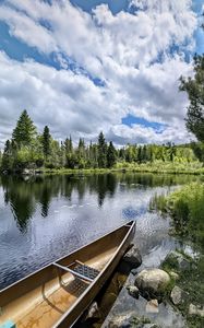 Превью обои лодка, озеро, лес, природа