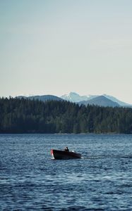 Превью обои лодка, озеро, лес, горы, пейзаж