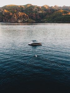 Превью обои лодка, озеро, море, горы