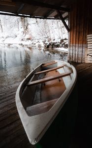 Превью обои лодка, озеро, снег, зима