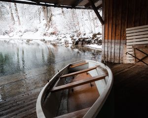 Превью обои лодка, озеро, снег, зима