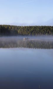 Превью обои лодка, озеро, туман, лес