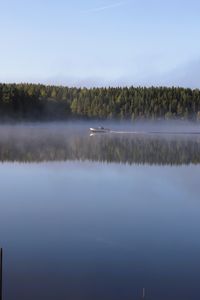 Превью обои лодка, озеро, туман, лес