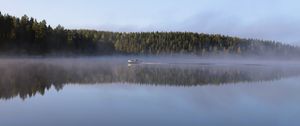Превью обои лодка, озеро, туман, лес