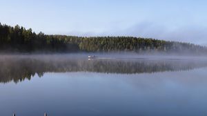 Превью обои лодка, озеро, туман, лес