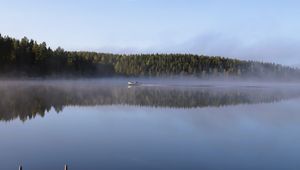 Превью обои лодка, озеро, туман, лес