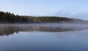 Превью обои лодка, озеро, туман, лес