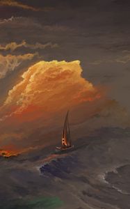 Превью обои лодка, парус, море, волны, арт