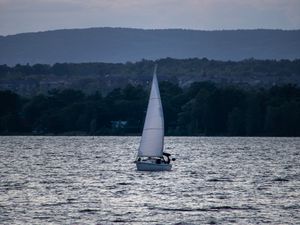 Превью обои лодка, парус, море, деревья