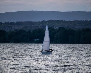 Превью обои лодка, парус, море, деревья