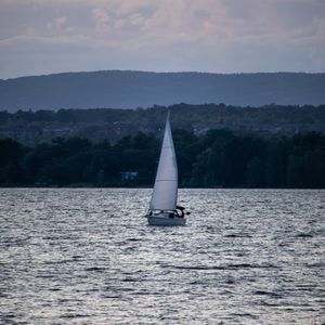 Превью обои лодка, парус, море, деревья