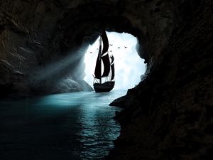 Превью обои лодка, пещера, вода, арт, темный