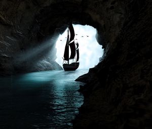 Превью обои лодка, пещера, вода, арт, темный