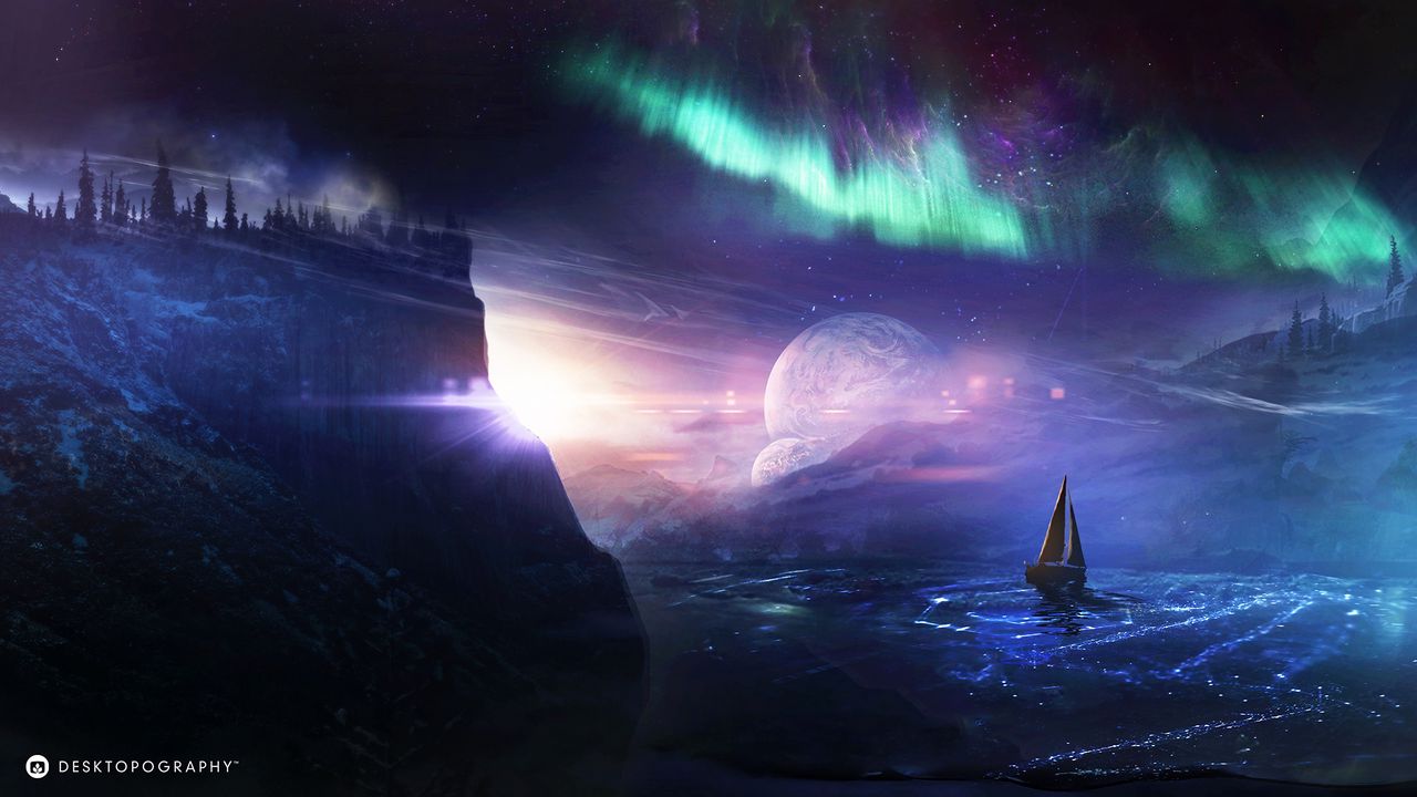 Обои лодка, планета, северное сияние, арт, ночь