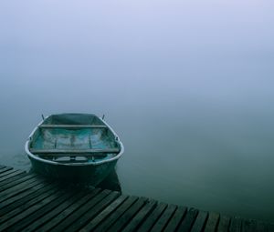 Превью обои лодка, причал, река, туман