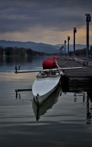 Превью обои лодка, пристань, река, горы