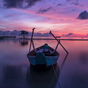 Превью обои лодка, рассвет, горизонт, вьетнам