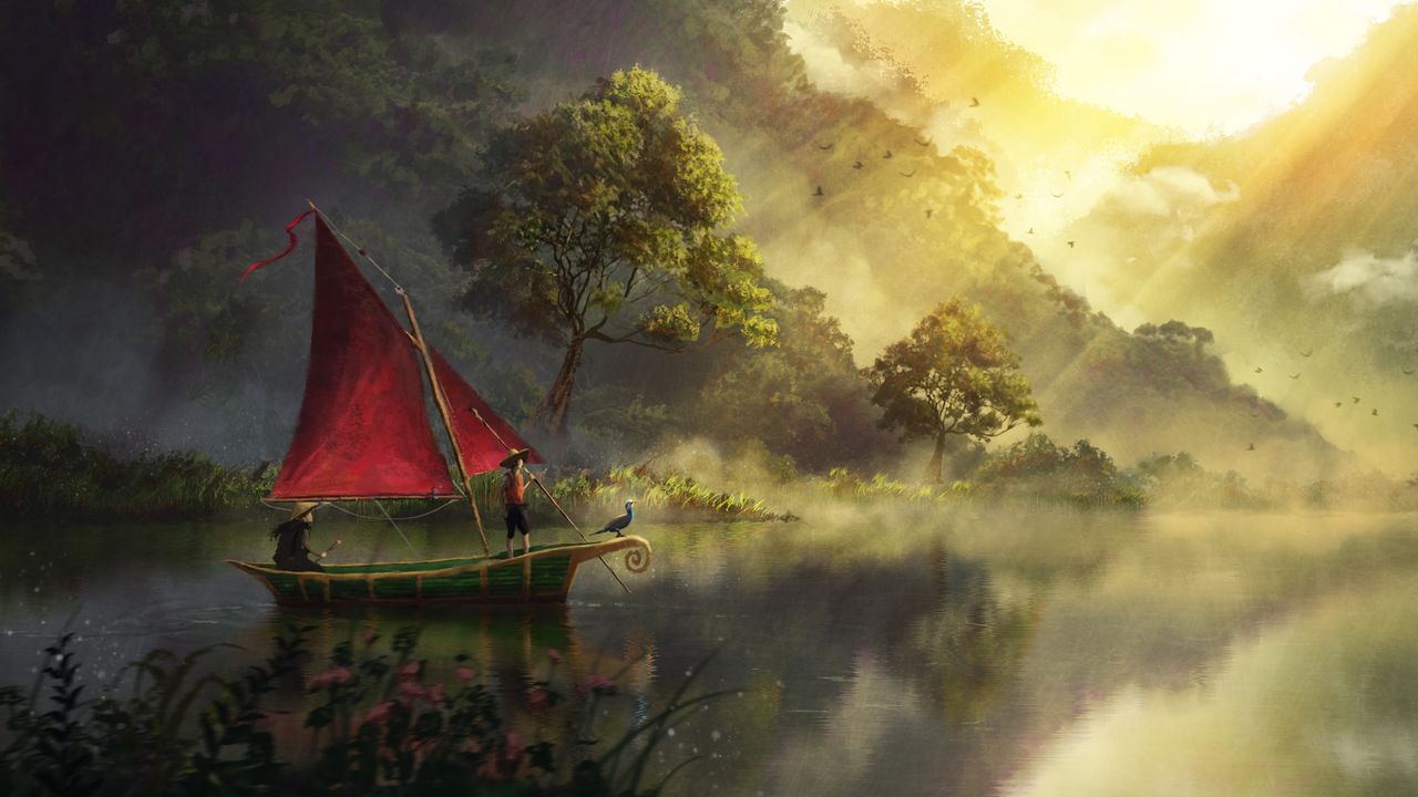 Обои лодка, река, арт, туман, рассвет