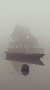 Превью обои лодка, река, дом, туман, арт