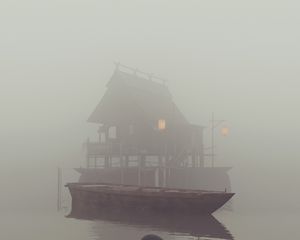 Превью обои лодка, река, дом, туман, арт