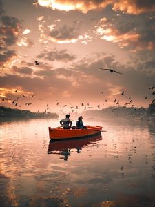 Превью обои лодка, река, птицы, прогулка, небо, облака, чайки