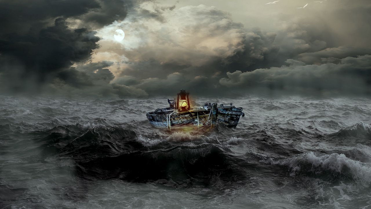 Обои лодка, шторм, море, волны, пасмурно