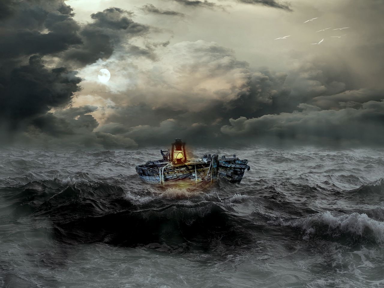 Лодка в море шторм