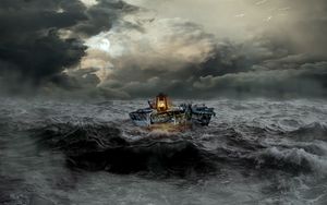 Превью обои лодка, шторм, море, волны, пасмурно