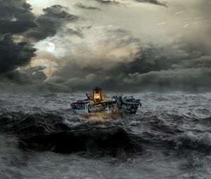 Превью обои лодка, шторм, море, волны, пасмурно