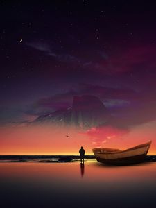 Превью обои лодка, силуэт, фотошоп, берег, океан, звездное небо, ночь