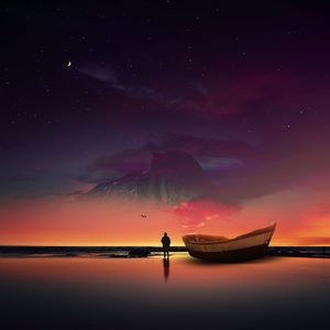 Превью обои лодка, силуэт, фотошоп, берег, океан, звездное небо, ночь