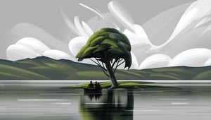 Превью обои лодка, силуэты, арт, дерево, озеро