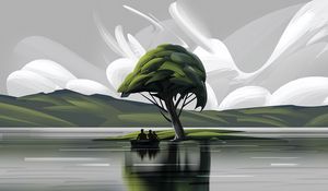 Превью обои лодка, силуэты, арт, дерево, озеро