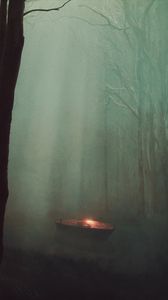 Превью обои лодка, свет, река, лес, туман, арт