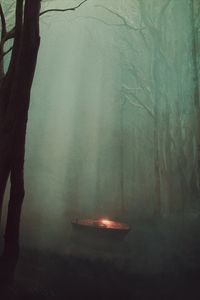 Превью обои лодка, свет, река, лес, туман, арт