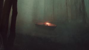 Превью обои лодка, свет, река, лес, туман, арт