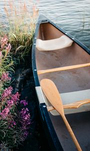 Превью обои лодка, весло, побережье, цветы, вода