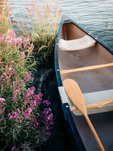 Превью обои лодка, весло, побережье, цветы, вода