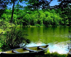 Превью обои лодка, вода, деревья, весла