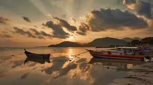 Превью обои лодка, вода, горизонт, небо