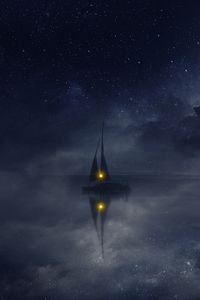 Превью обои лодка, вода, облака, ночь, арт