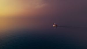 Превью обои лодка, вода, закат, небо, туман