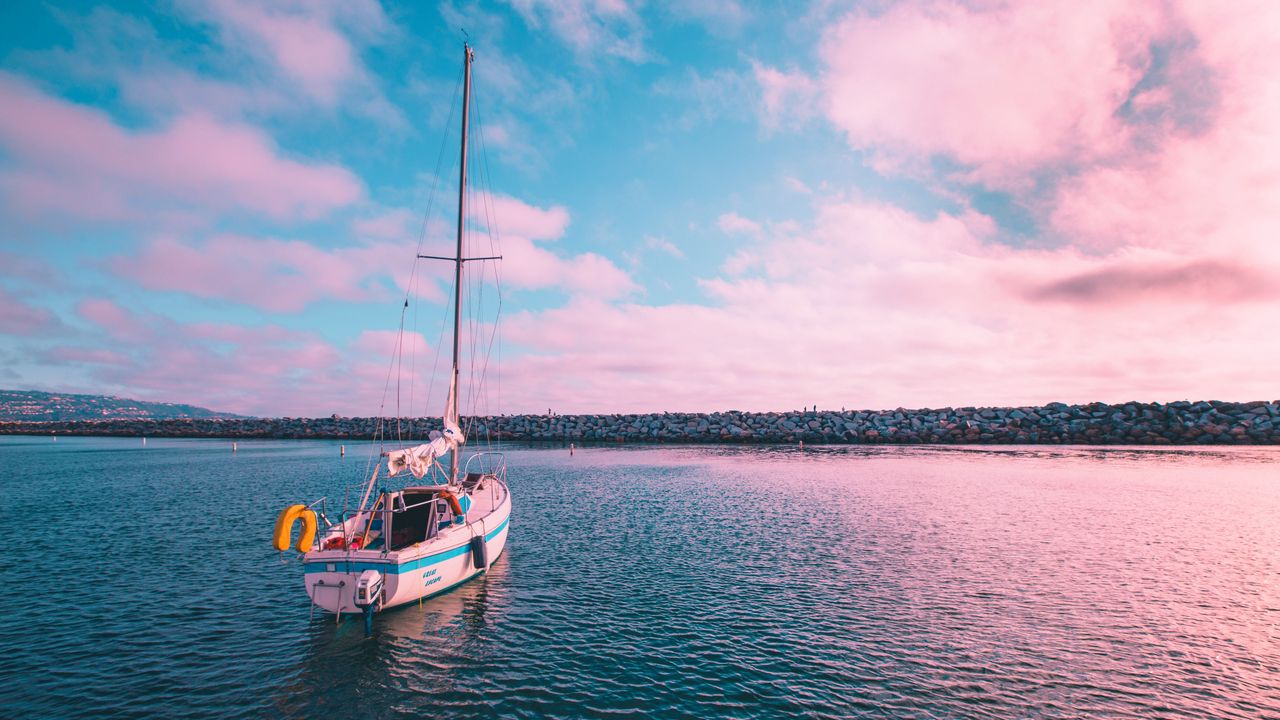 Обои лодка, закат, горизонт, розовый, калифорния