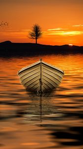 Превью обои лодка, закат, горизонт, озеро, дерево