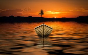 Превью обои лодка, закат, горизонт, озеро, дерево