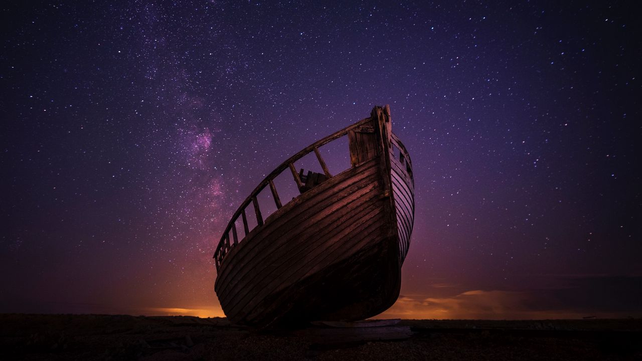 Обои лодка, звездное небо, ночь