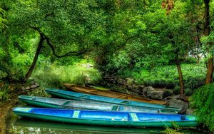Превью обои лодки, лес, озеро, растительность