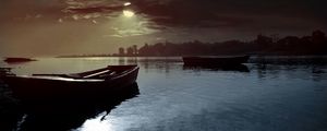 Превью обои лодки, луна, ночь, облака, свет, озеро
