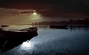 Превью обои лодки, луна, ночь, облака, свет, озеро