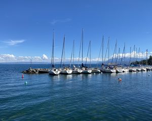 Превью обои лодки, мачты, море, горизонт, небо